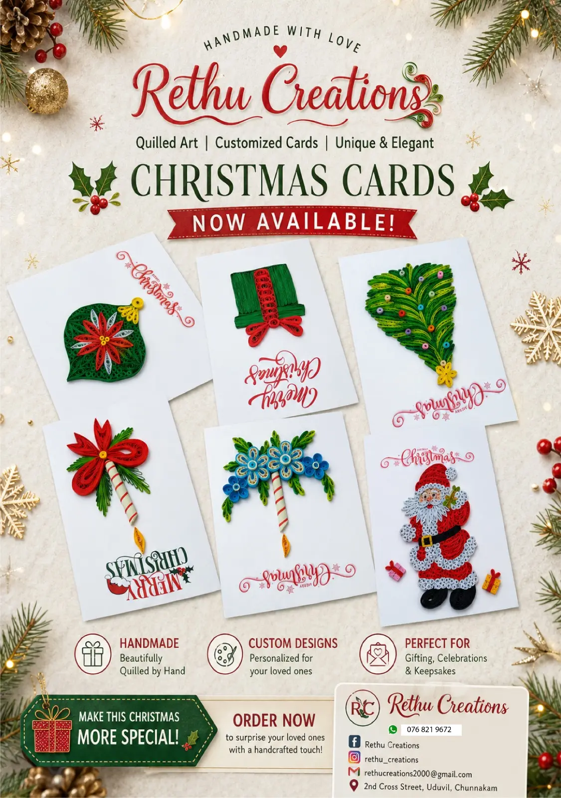 Handmade Quilled Christmas Cards – Personalized & Elegant Holiday Greeting Cards by Rethu Creations