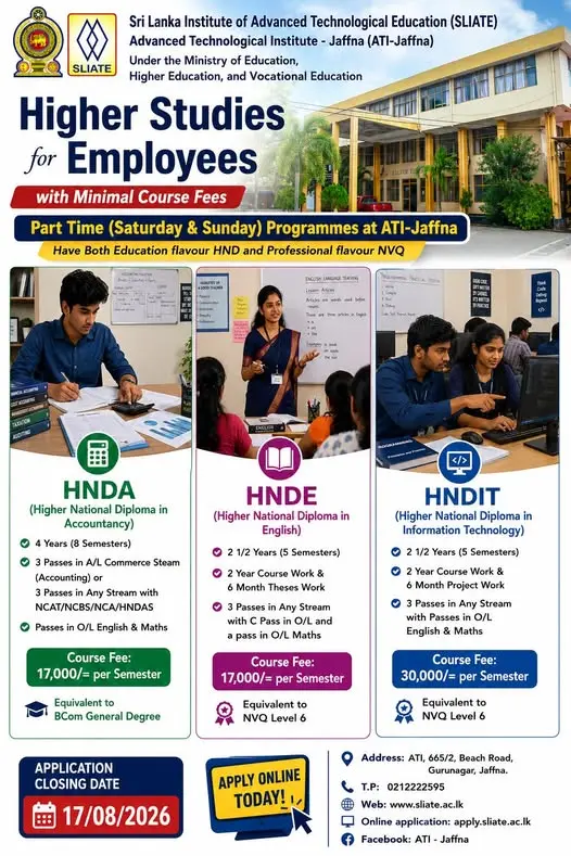 Higher Studies for Employees – HNDA, HNDE & HNDIT at ATI-Jaffna