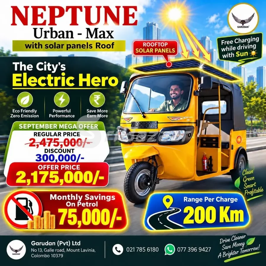 Garudan Neptune Urban Max Electric Three Wheeler – 200 km Range | Solar Roof
