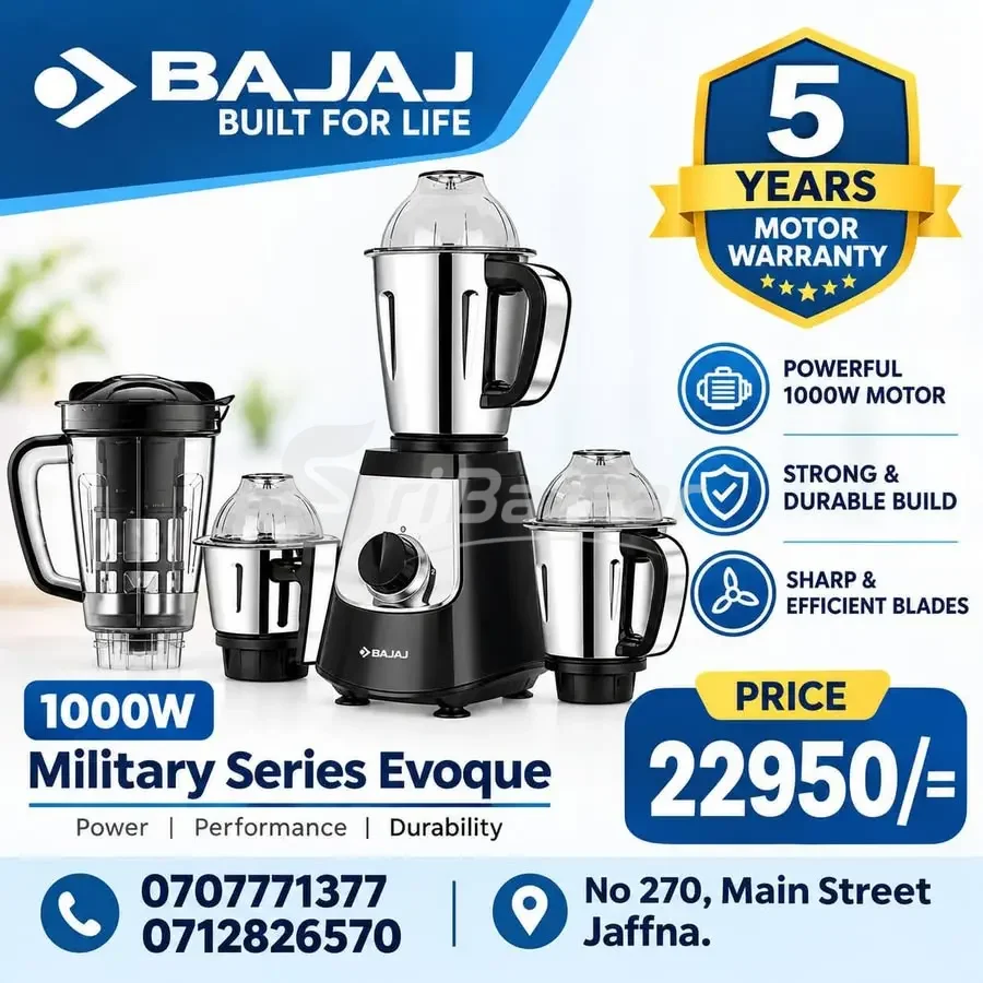 Bajaj 1000W Military Series Evoque Mixer Grinder – 5 Years Motor Warranty