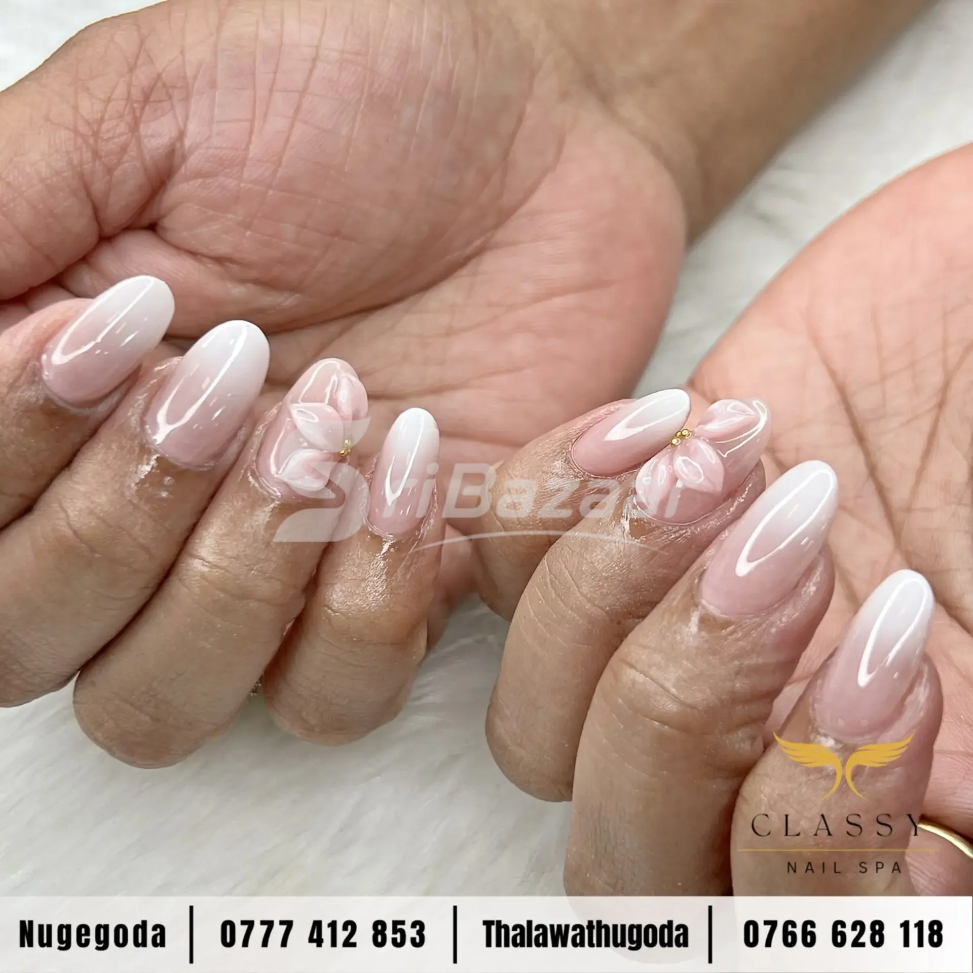 White Ombré 3D Flower Nail Art – Classy Nail Spa