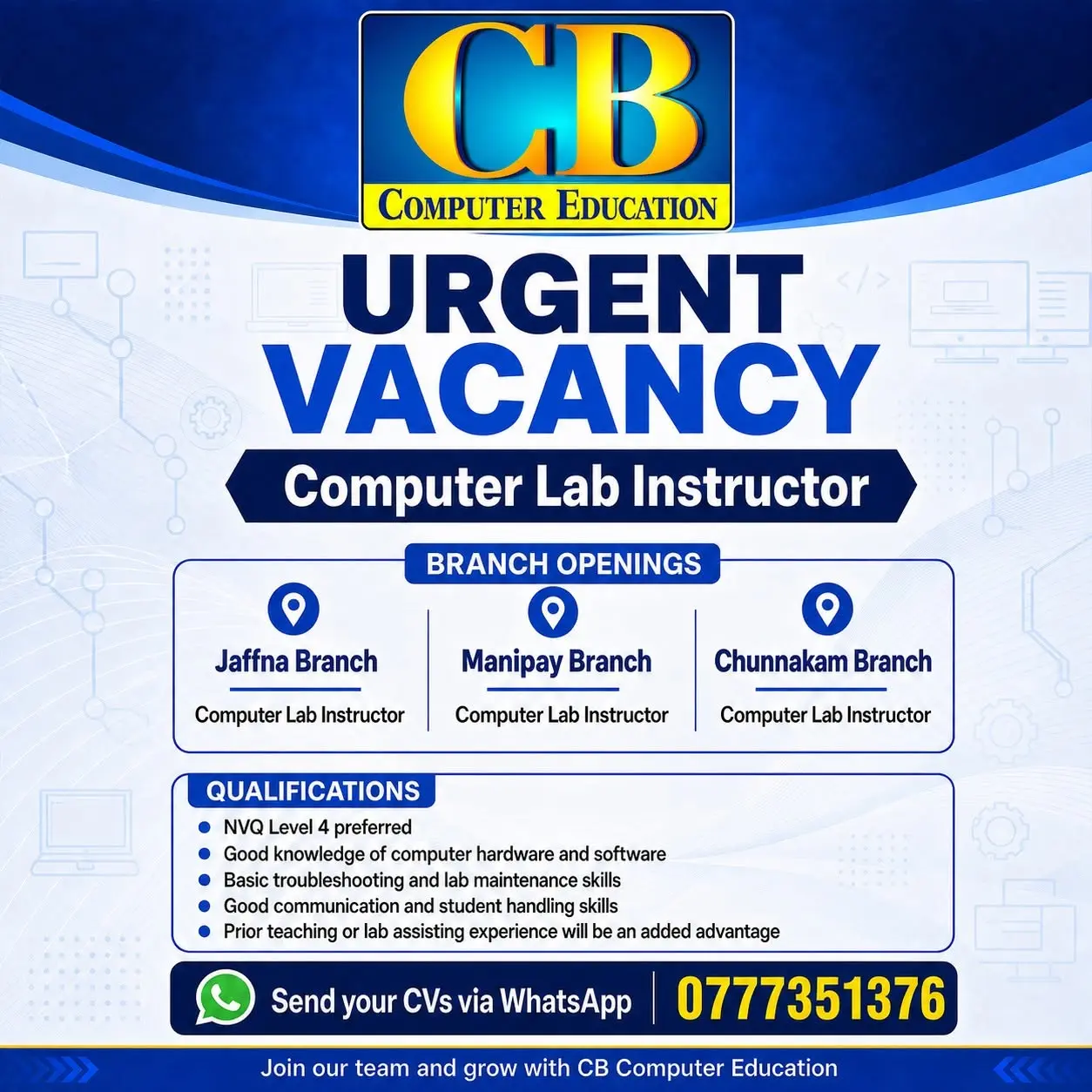 Urgent Vacancy – Computer Lab Instructor | Jaffna, Manipay & Chunnakam