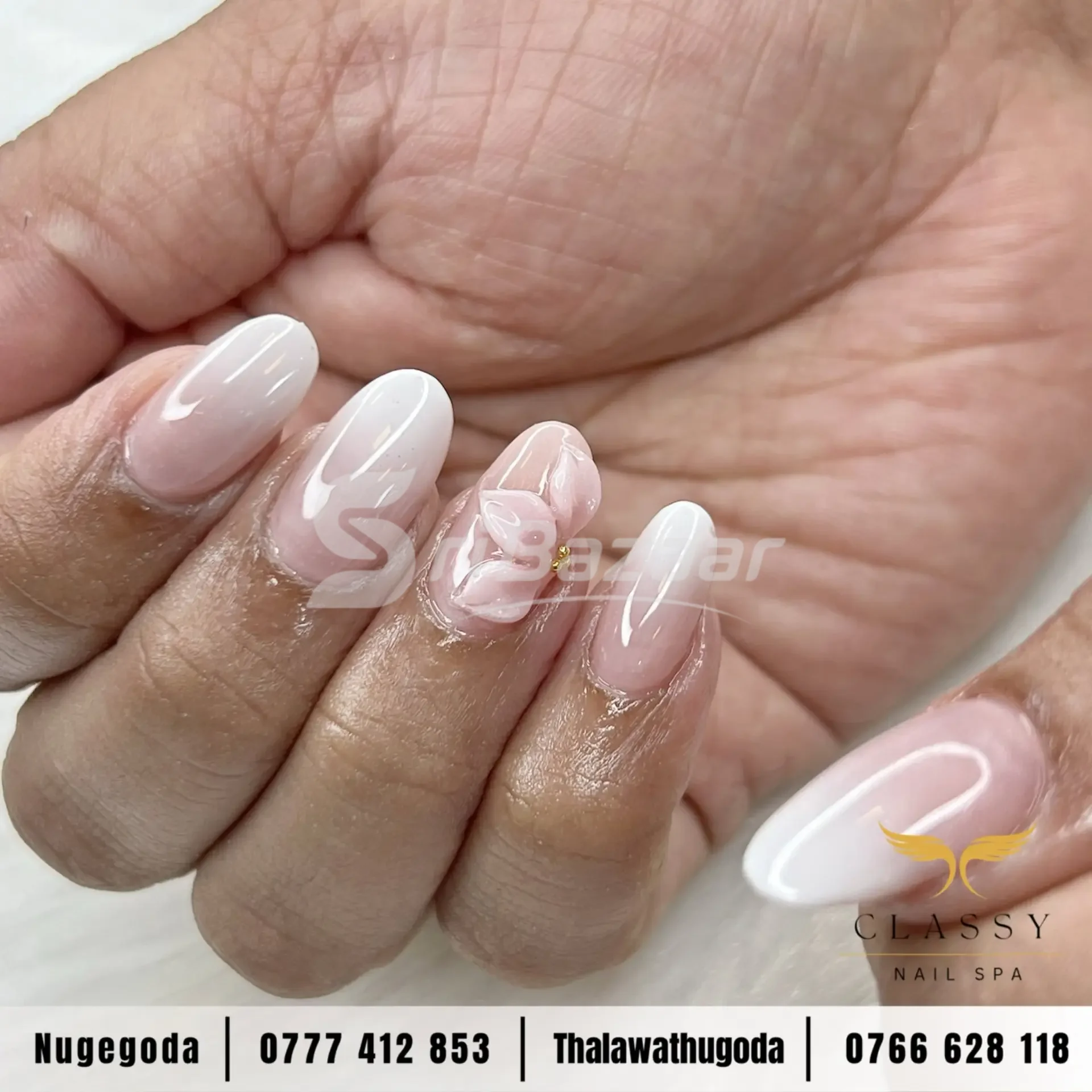 White Ombré 3D Flower Nail Art – Classy Nail Spa