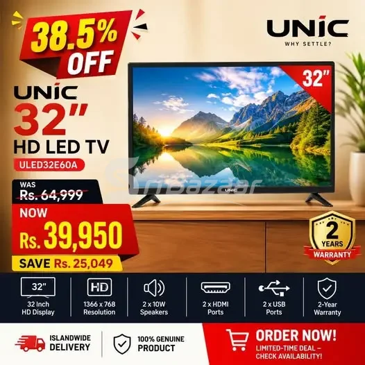 UNIC 32" HD LED TV – 38.5% OFF | Rs. 39,950