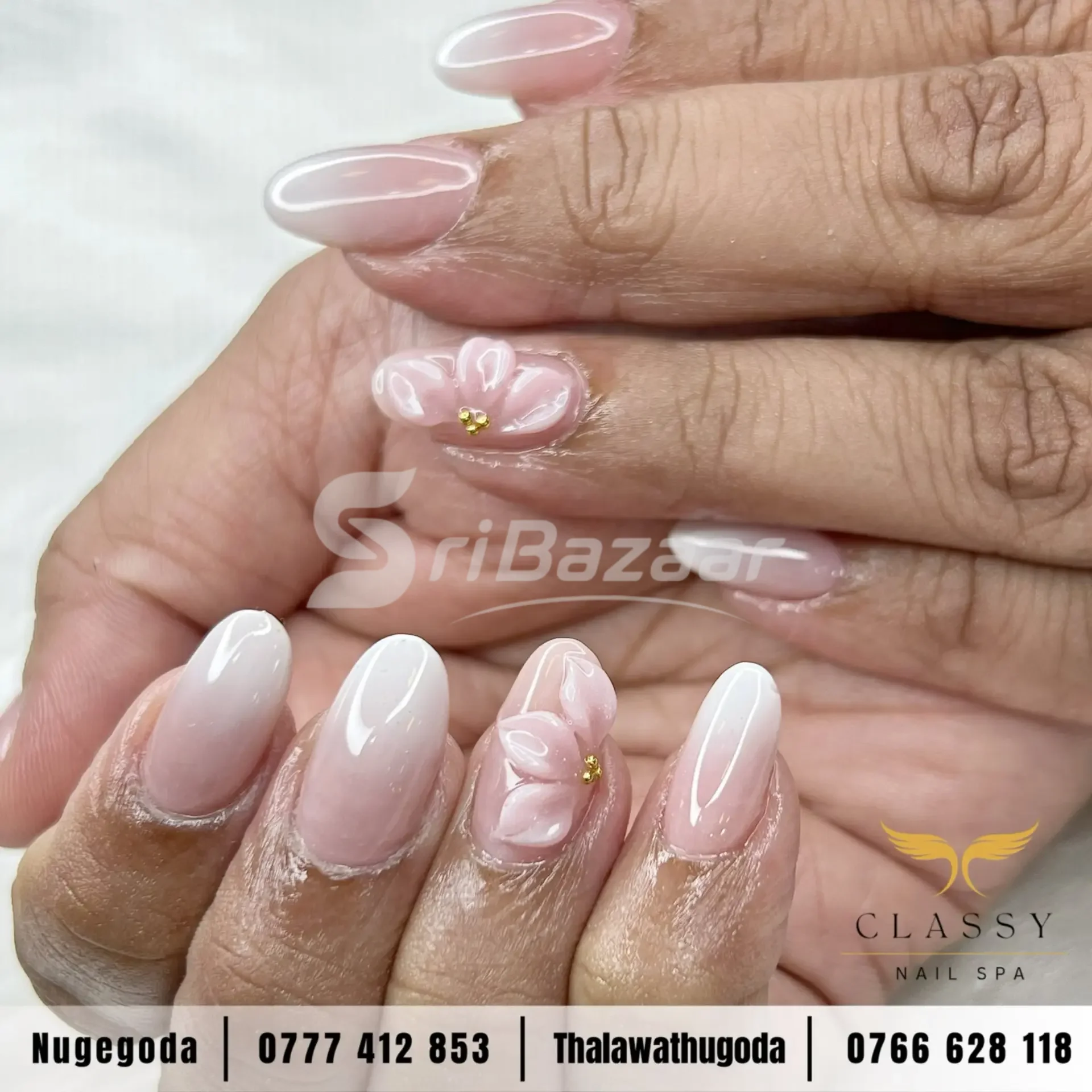 White Ombré 3D Flower Nail Art – Classy Nail Spa
