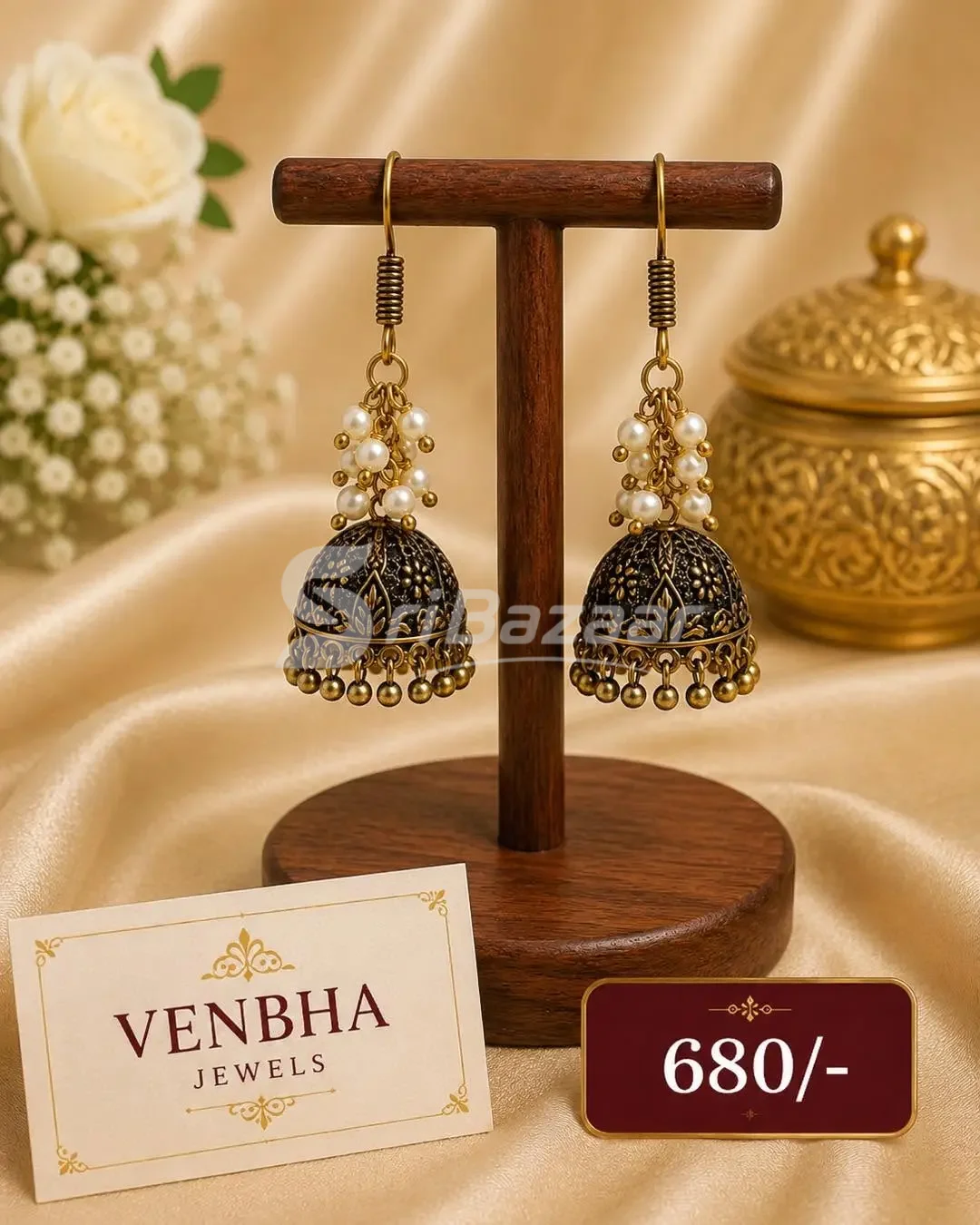 Cluster Jhumka Earrings with White Pearls