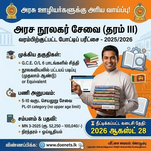 அரச நூலகர் சேவை (தரம் III) ஆட்சேர்ப்பு – 2025/2026