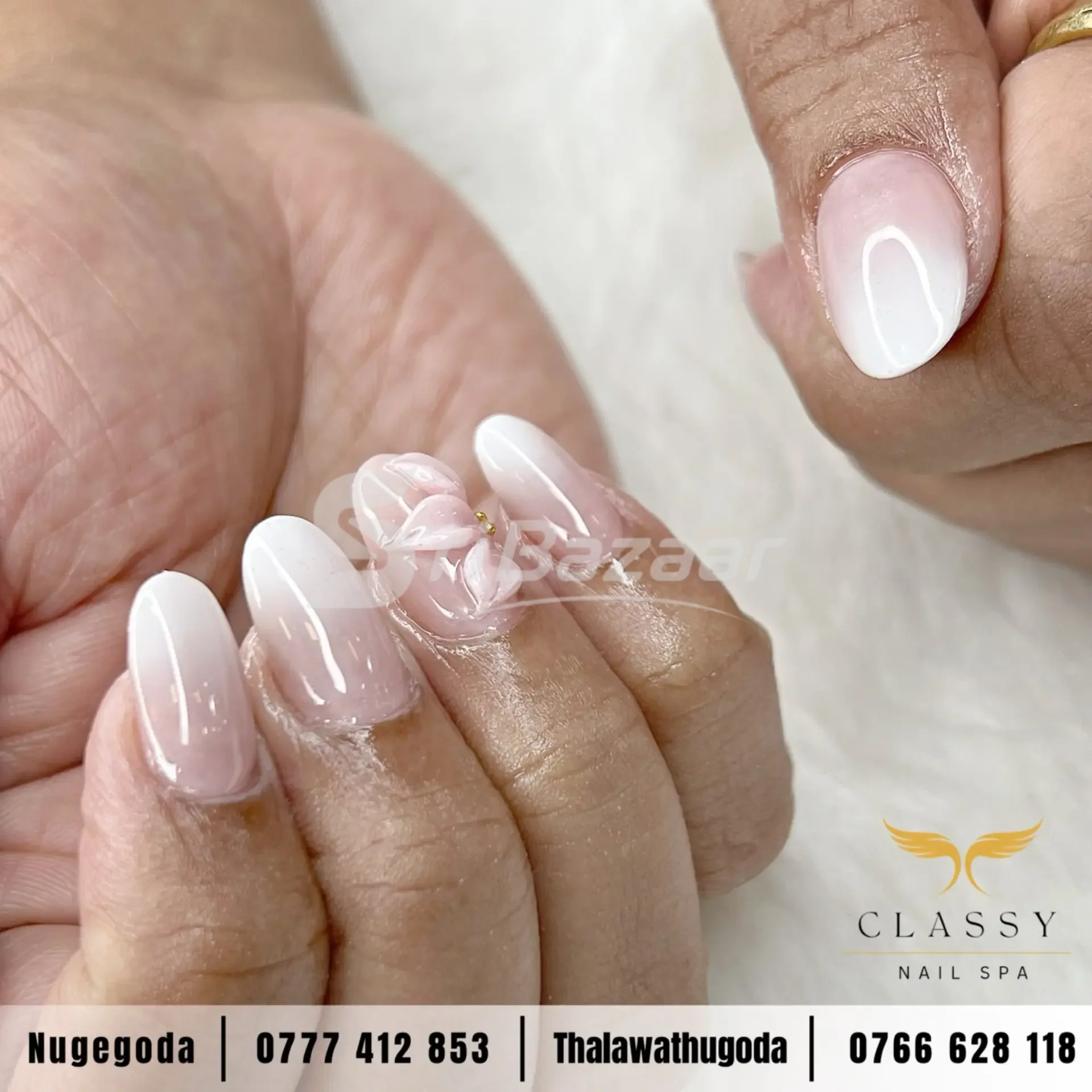 White Ombré 3D Flower Nail Art – Classy Nail Spa