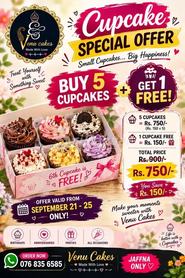 Venu Cakes Special Cupcake Offer – Buy 5 Get 1 Free | Jaffna