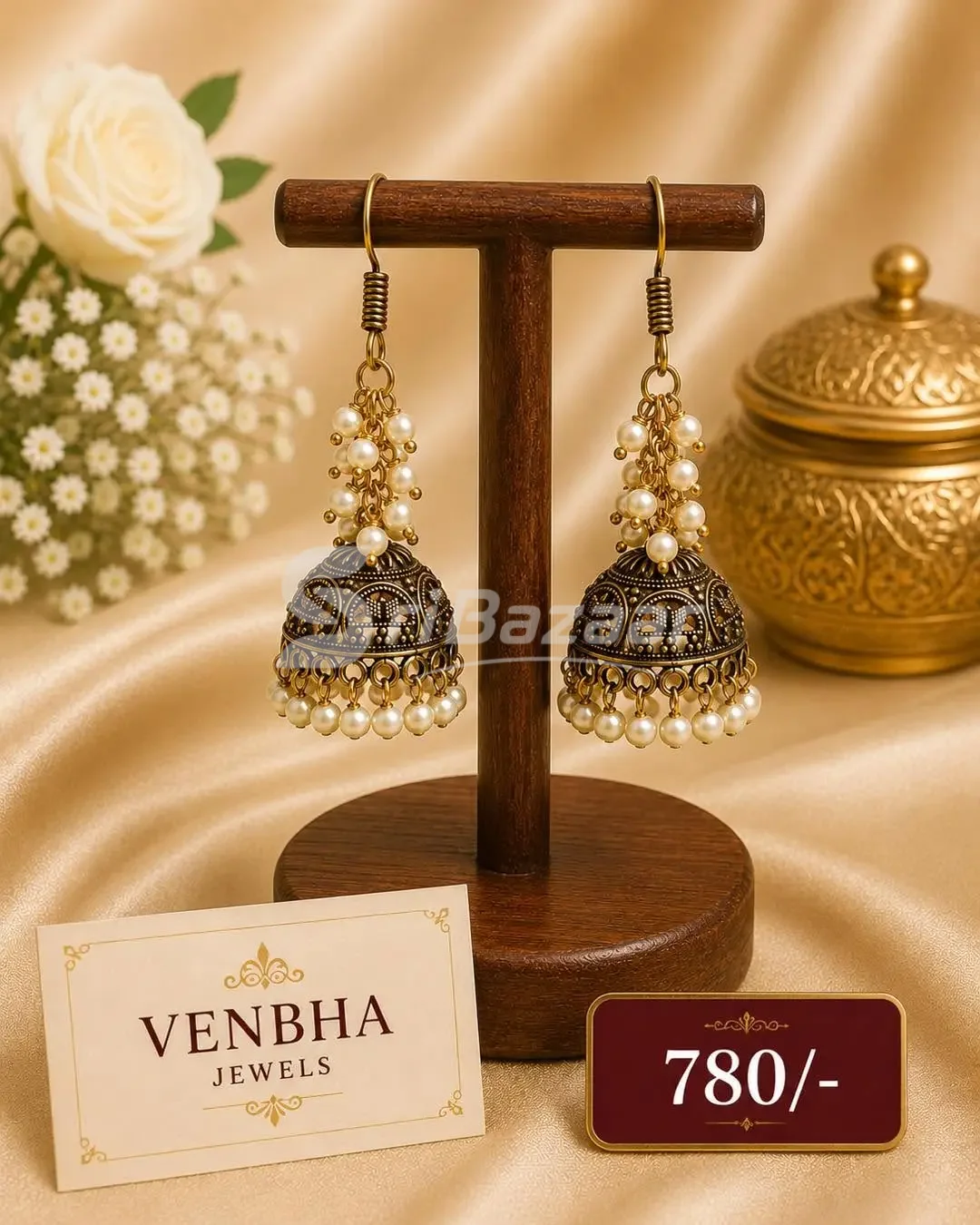 Cluster Jhumka Earrings with White Pearls