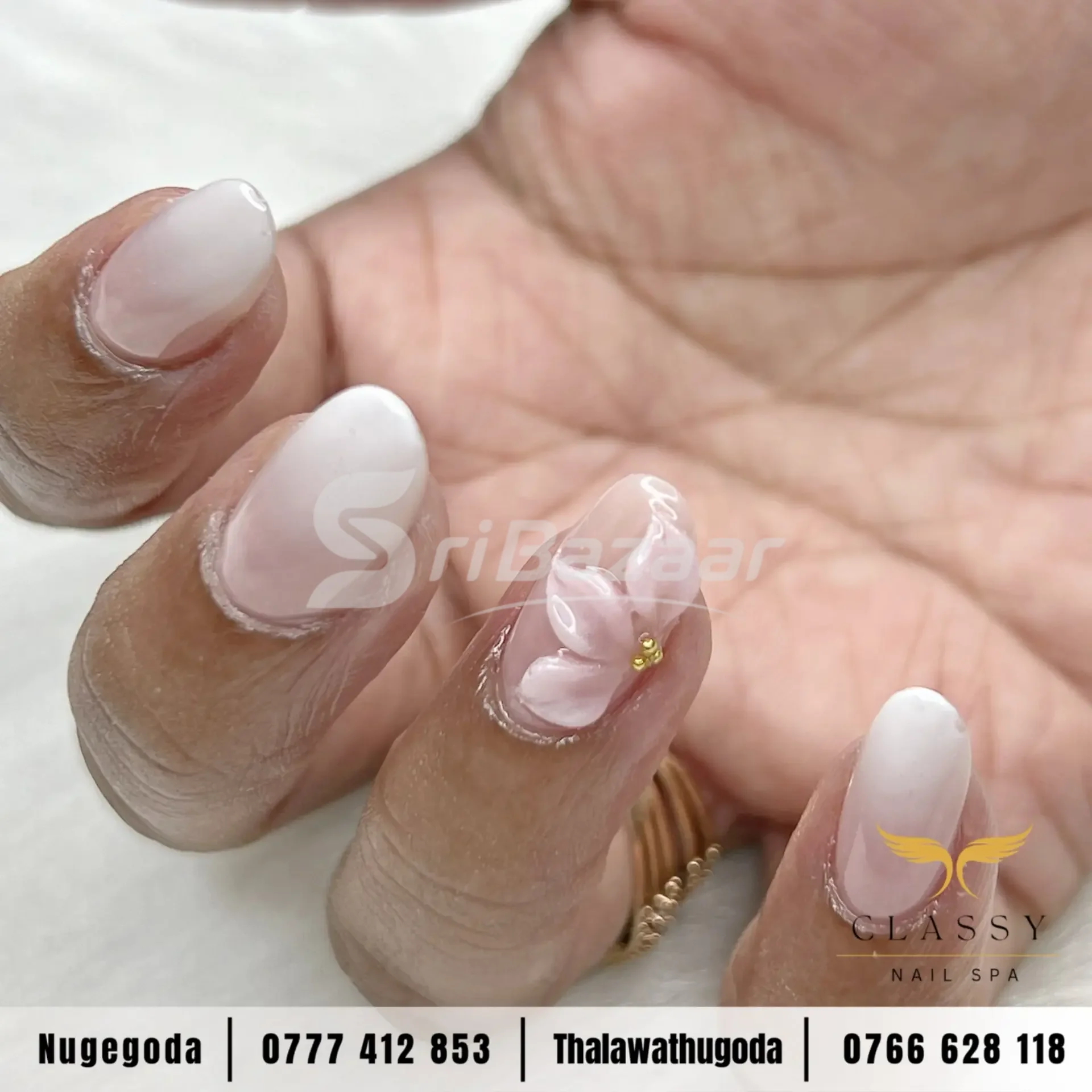 White Ombré 3D Flower Nail Art – Classy Nail Spa