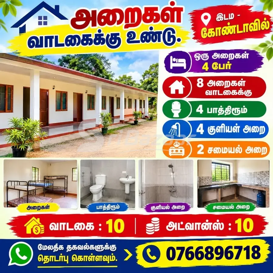 Rooms for Rent in Kondavil – 8 Rooms | 4 Bathrooms & 2 Kitchens