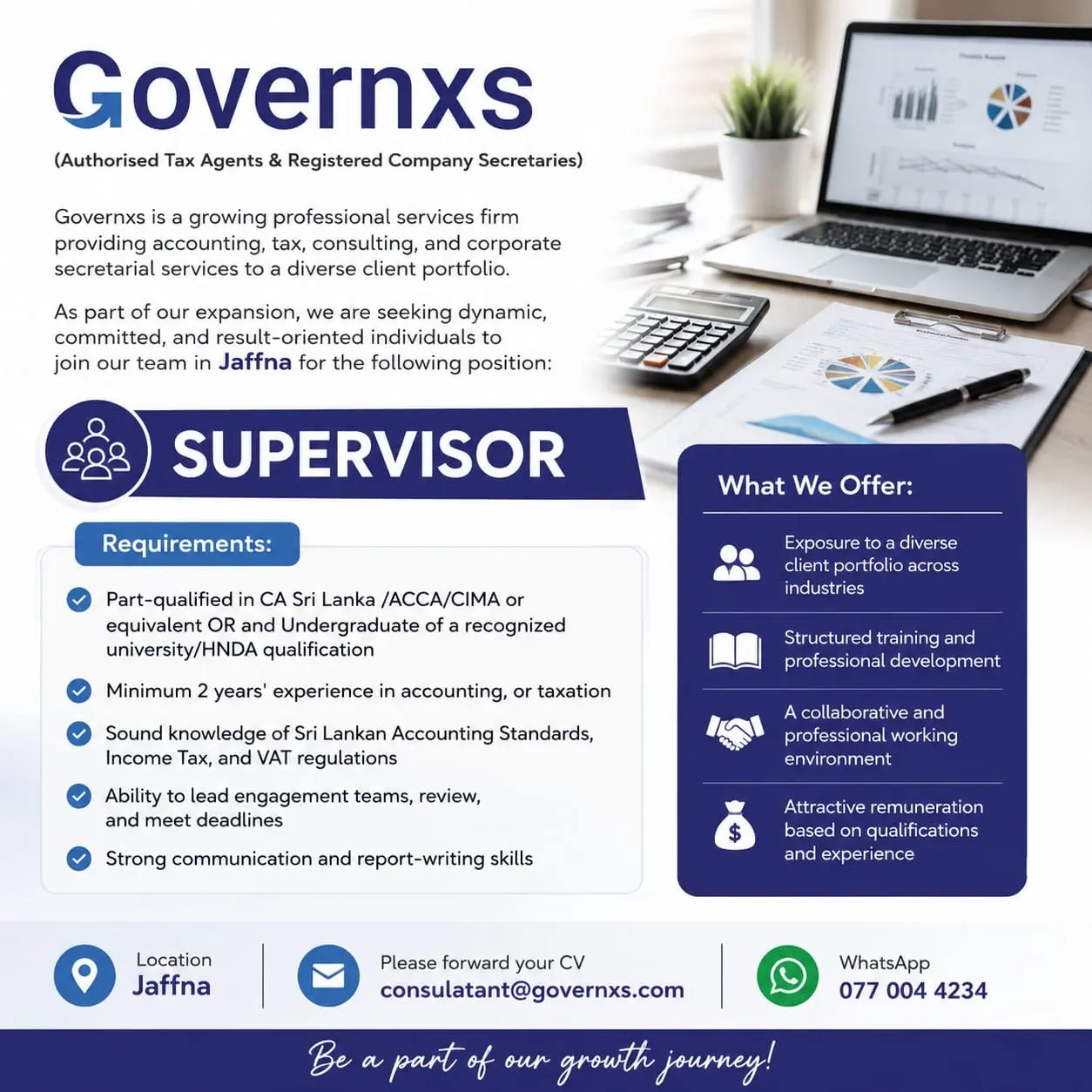 Governxs Jaffna – Supervisor Job Vacancy | Accounting & Taxation